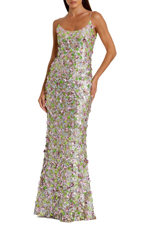 （US発）Mac Duggal ストライプ スパンコール メッシュドレス MAC DUGGAL ロング ドレス スパンコール 長袖 パーティドレス