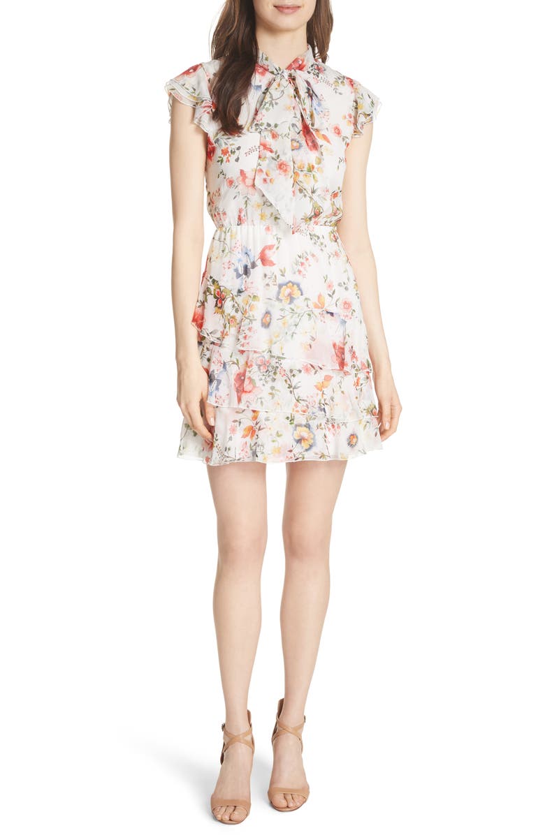 Alice + Olivia Lessie Ruffled Floral Silk Dress, Main, color,
