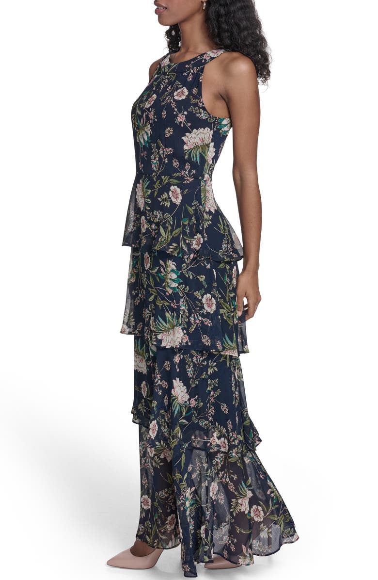 Tommy Hilfiger Floral Sleeveless Tiered Chiffon Maxi Dress, Alternate, color, Sky Captain Multi