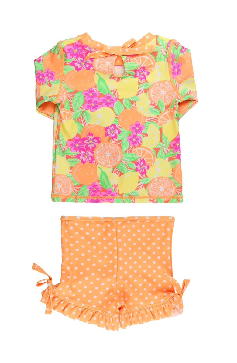 RuffleButts UPF50+ Seersucker Long Sleeve Rash Guard Ruffle Shorts 2-Piece Swimsuit, Alternate, color, Neon Squeeze The Day