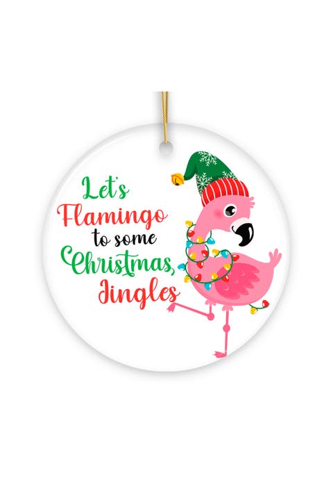 Flamingo Christmas Jingles Round Ceramic Ornament