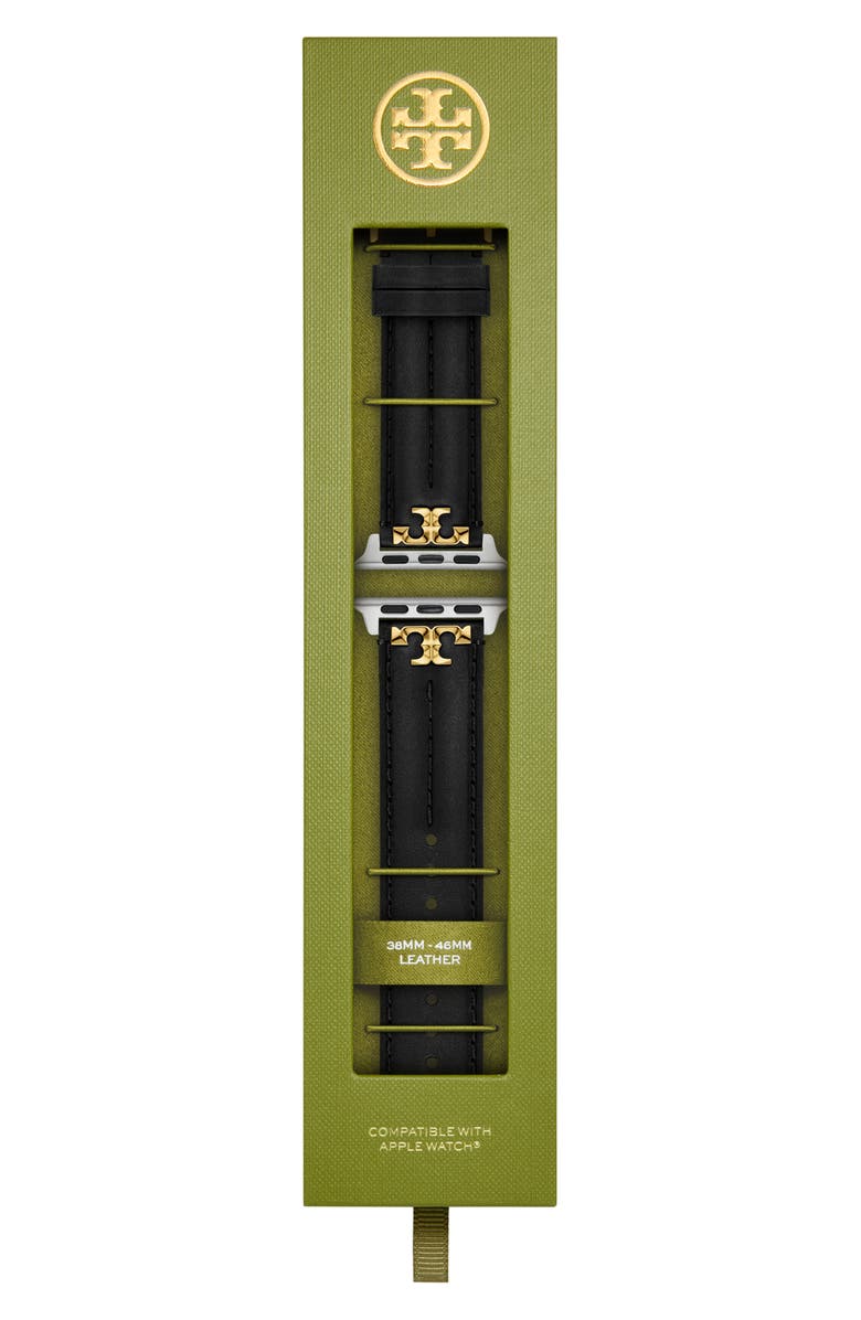 Tory Burch The Kira Leather 20mm Apple Watch<sup>®</sup> Watchband, Alternate, color, Black