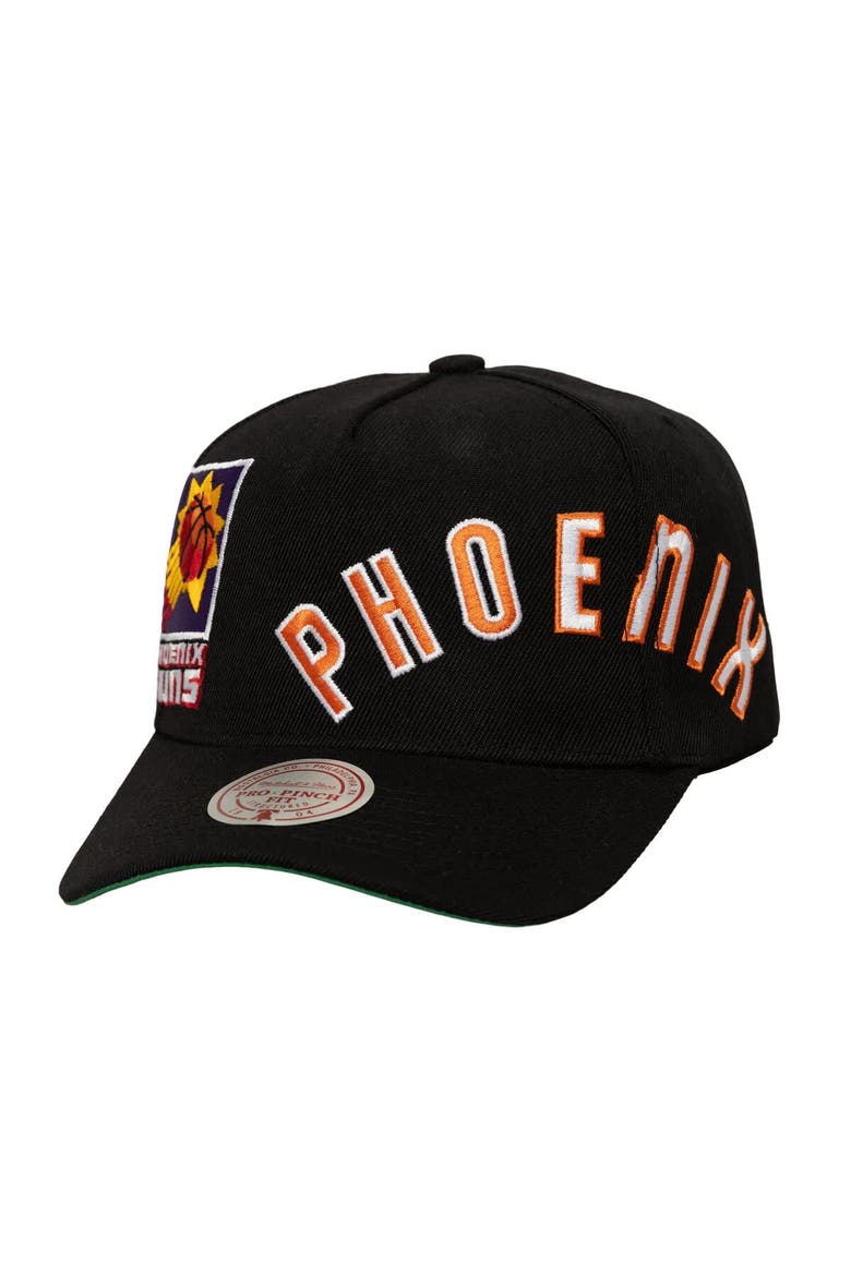 Men's Mitchell & Ness  Black Phoenix Suns Busted Logo Wordmark Wrap-Around Pro Pinch Adjustable Hat, Main, color, Black
