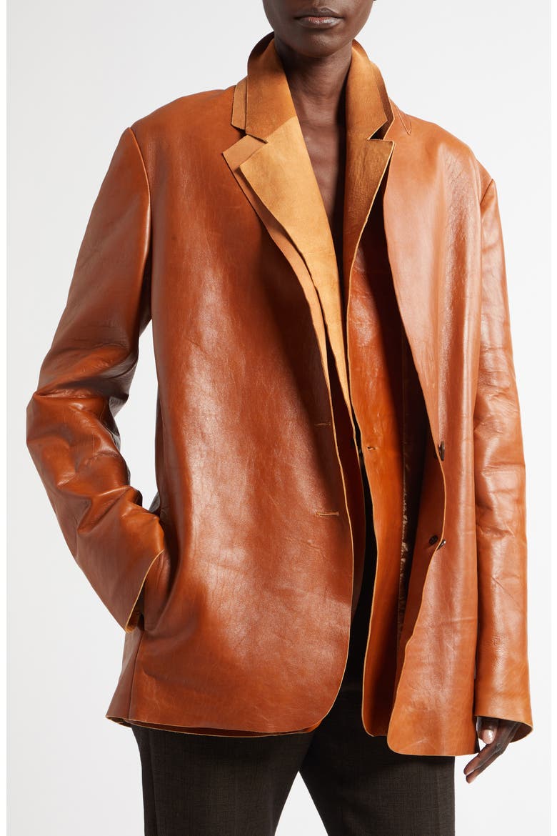 Lysandre Contrast Layers Raw Edge Leather Jacket, Alternate, color, CARAMEL