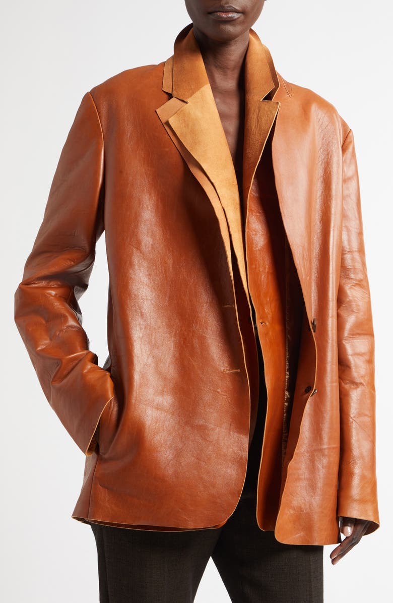 The Row Lysandre Contrast Layers Raw Edge Leather Jacket, Alternate, color, 