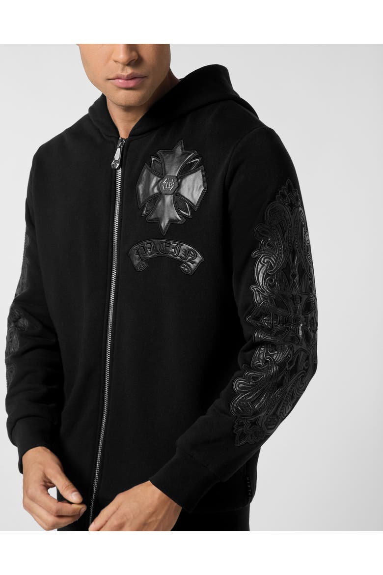 Zip Hoodie With Leather Inserts Chrome Crest Men, Alternate, color, black
