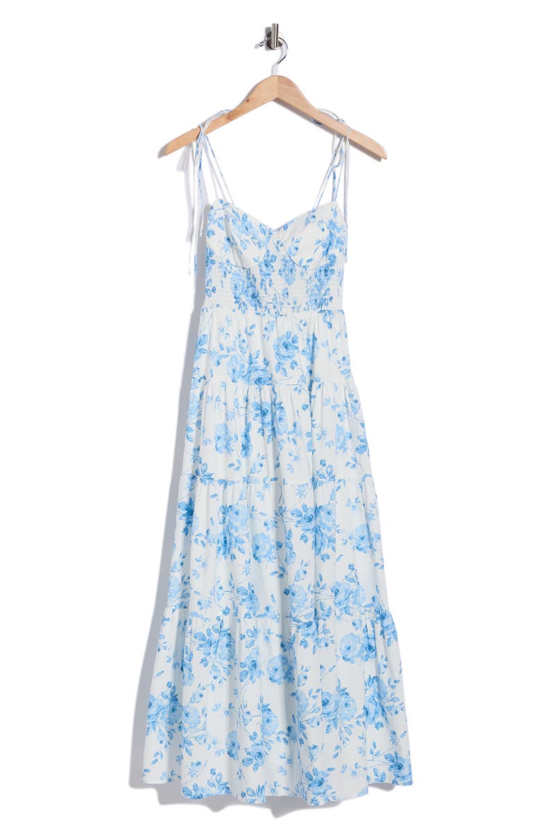 WAYF Tiered Tie Strap Dress, Main, color, Blue Toile Roses