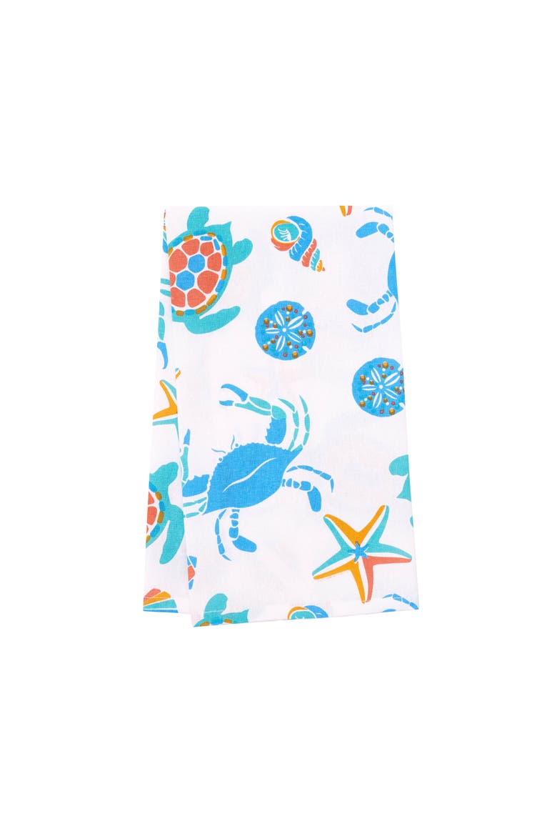 Caraway Coral Kitchen Towel Blue Seaturtle Crab & Starfish Print, Main, color, Blue