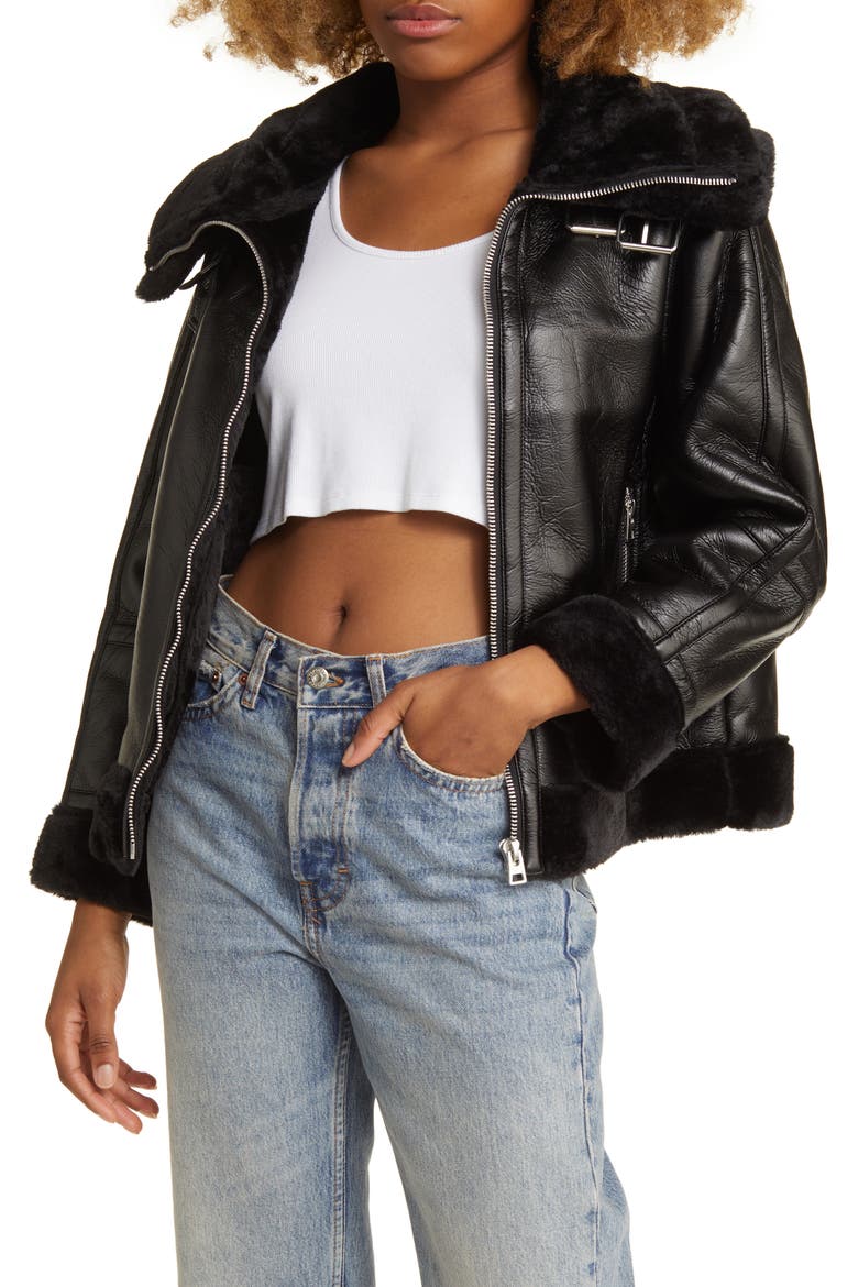 Faux Leather Aviator Jacket with Faux Fur Trim, Main, color, BLACK
