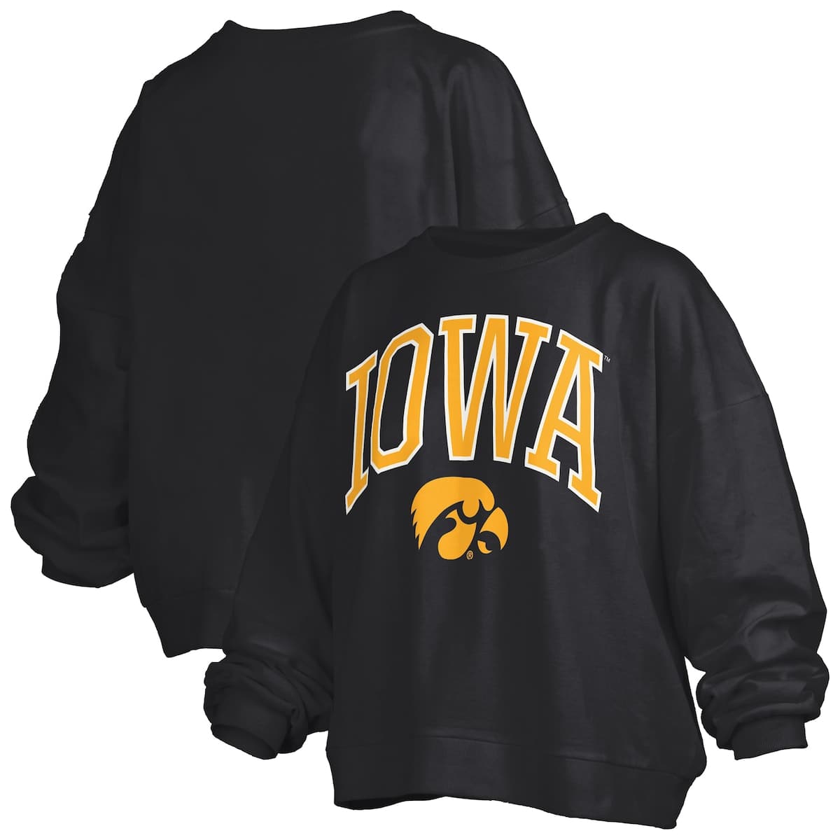 Pressbox Black Iowa Hawkeyes Janise Arch Over Logo Waist Length Oversized Pullover Sweatshirt