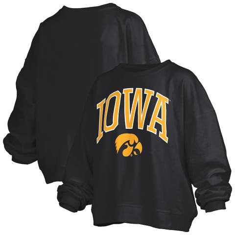 Women's Pressbox Black Iowa Hawkeyes Janise Arch Over Logo Waist Length Oversized Pullover Sweatshirt