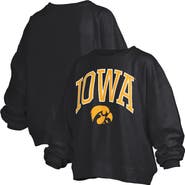 PRESSBOX Women's Pressbox Black Iowa Hawkeyes Janise Arch Over Logo Waist Length Oversized Pullover Sweatshirt