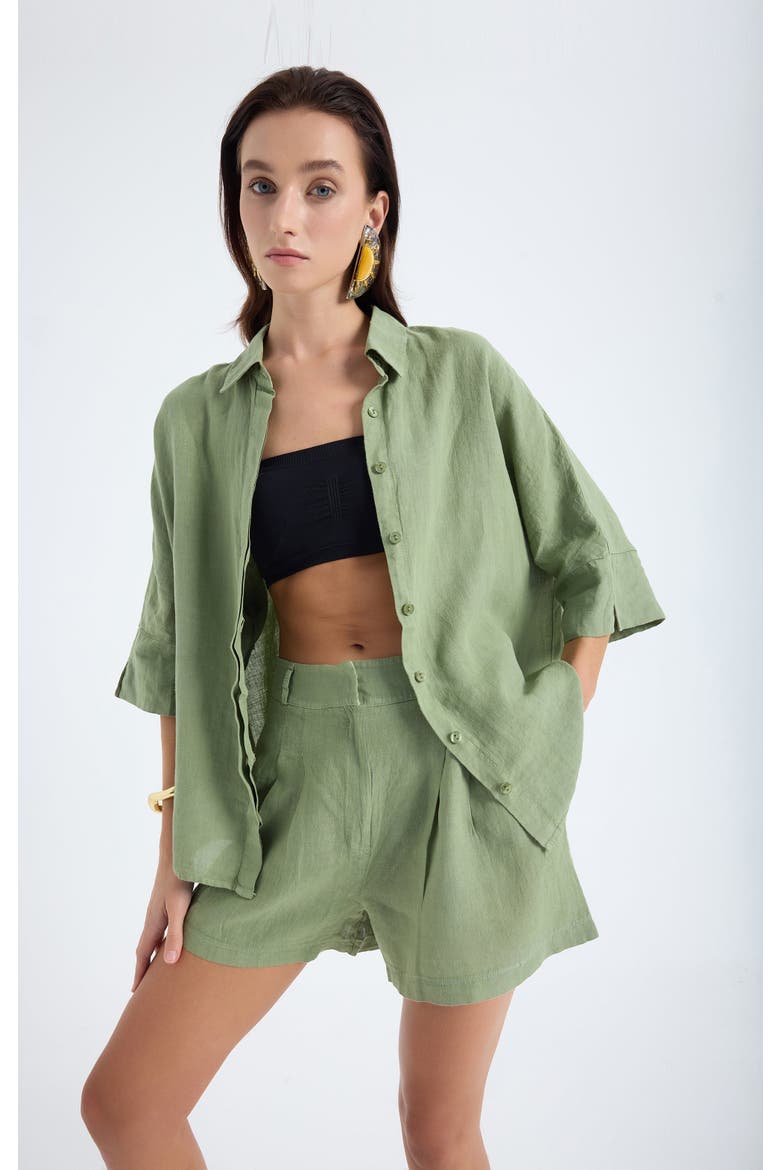 Iyan 100% Linen Oversized Button-Up Shirt, Alternate, color, Green