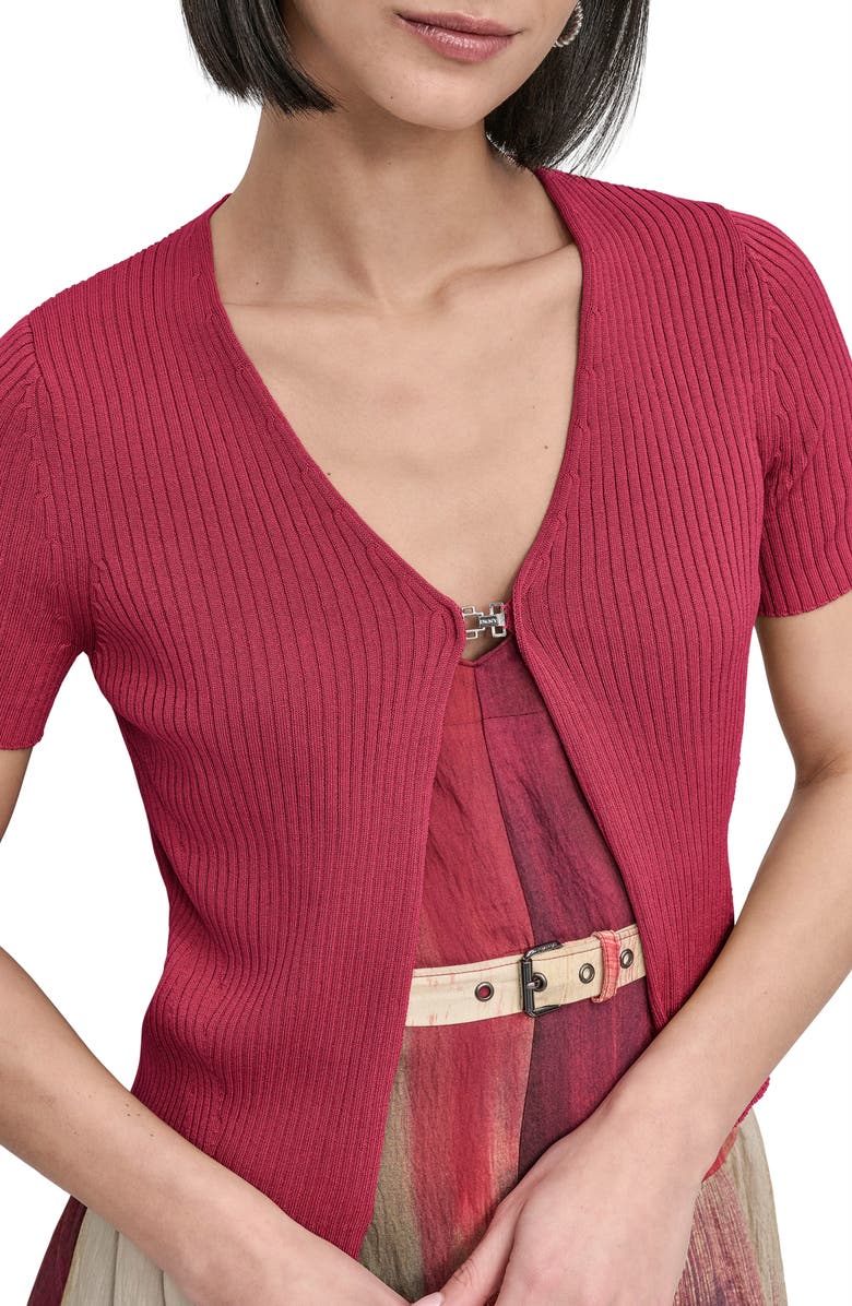 DKNY Hook & Eye Short Sleeve Rib Cardigan, Alternate, color, Beet