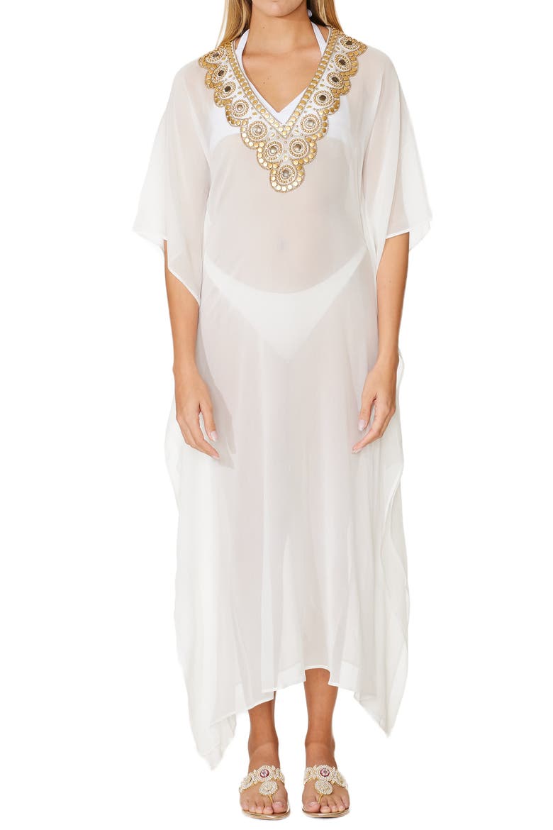 Goddess Beaded Cover-Up Caftan, Main, color, WHITE