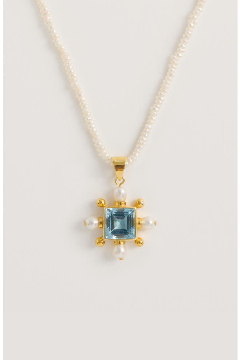 Seed Pearl Necklace with Blue Topaz Cross Pendant, Alternate, color, Ivory