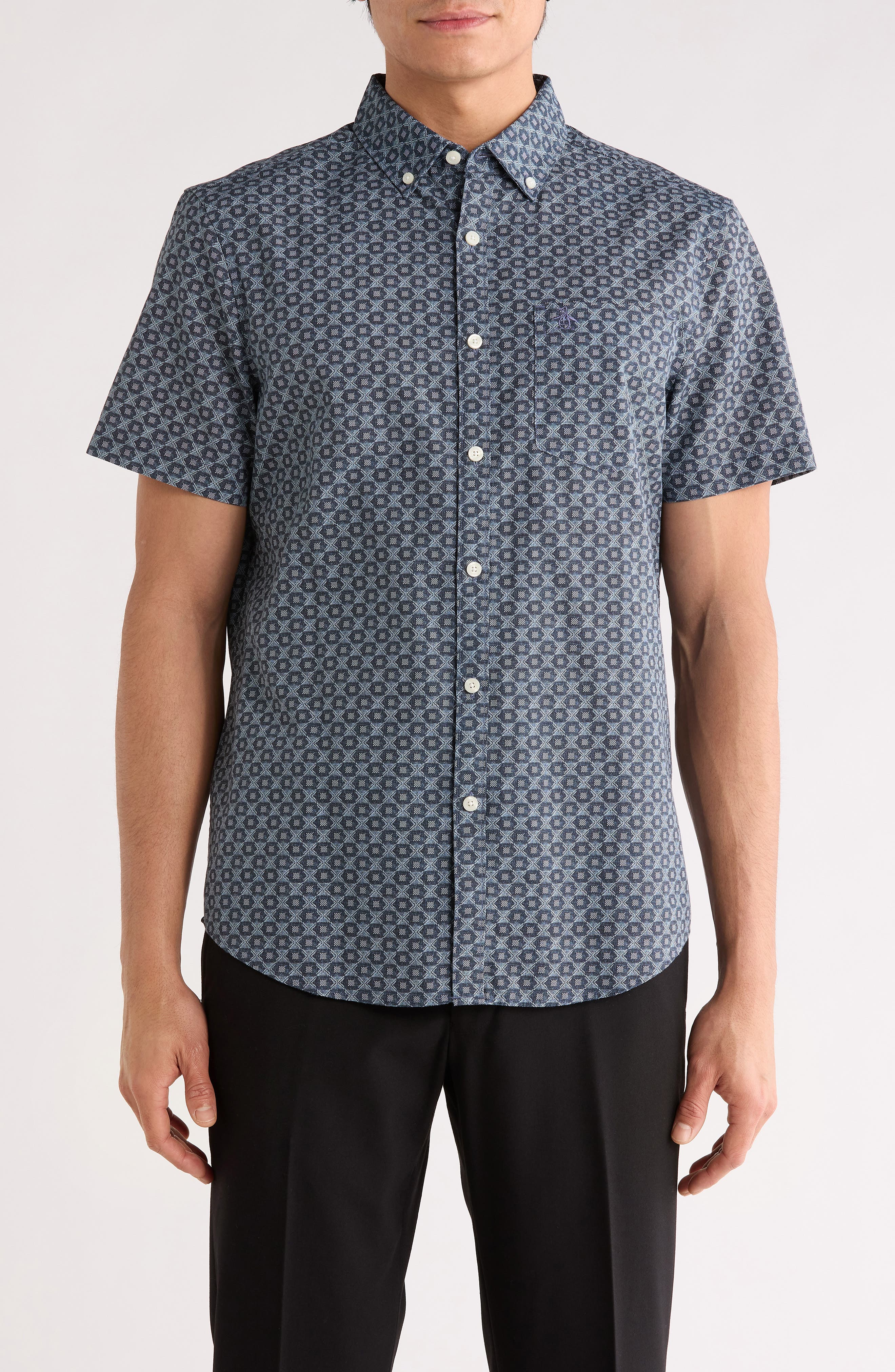 Original Penguin Geometric Print Short Sleeve Chambray Button-Up Shirt