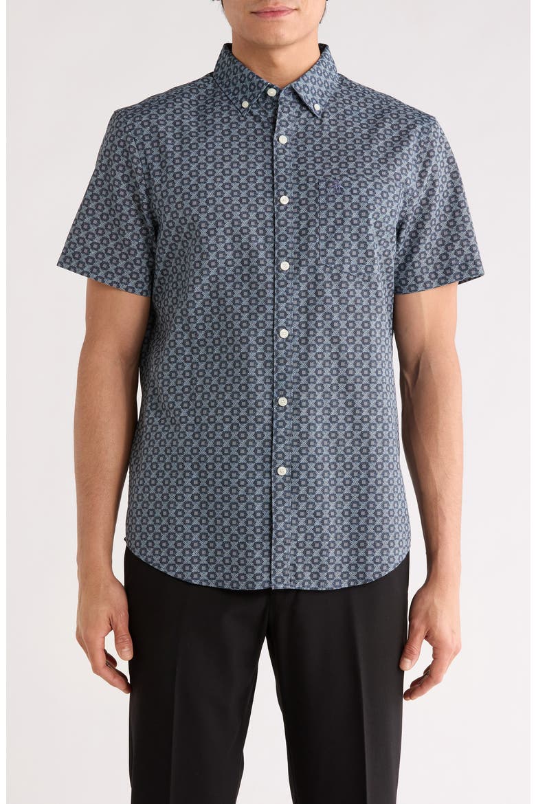 Geometric Print Short Sleeve Chambray Button-Up Shirt, Main, color, DARK SAPPHIRE