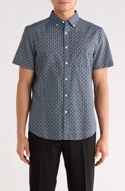 Geometric Print Short Sleeve Chambray Button-Up Shirt