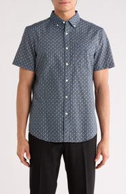 Original Penguin Geometric Print Short Sleeve Chambray Button-Up Shirt