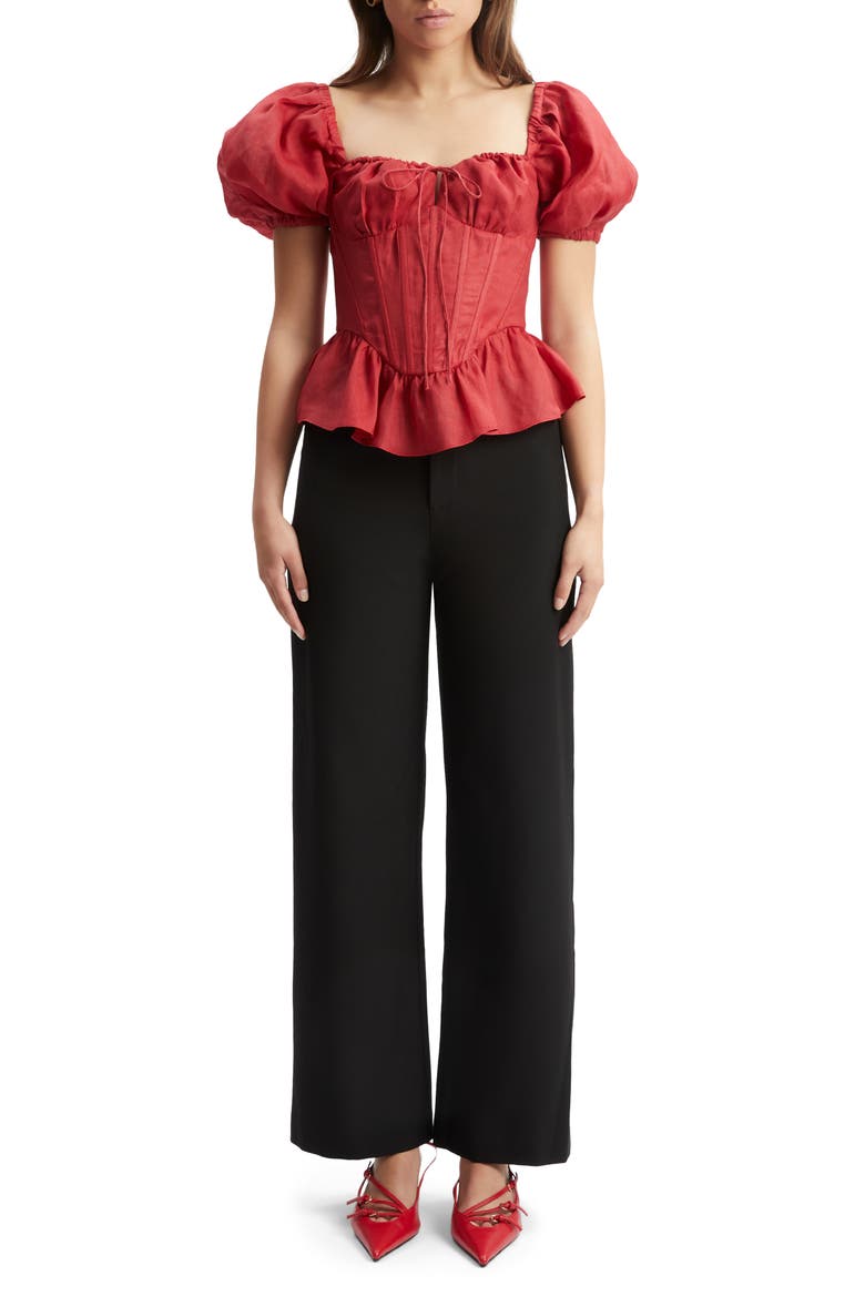 Esra Puff Sleeve Ramie Corset Top, Alternate, color, FIRE RED