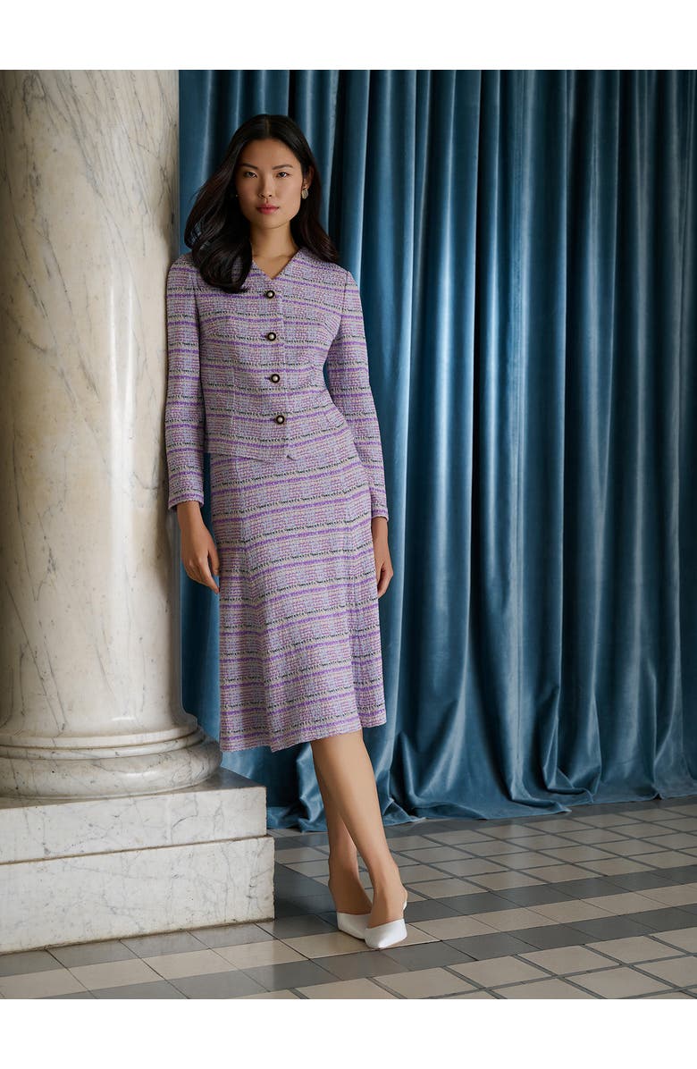 Misook Flared Plaid Tweed Knit Midi Skirt, Alternate, color, Biscotti/Powder Blue/Purple