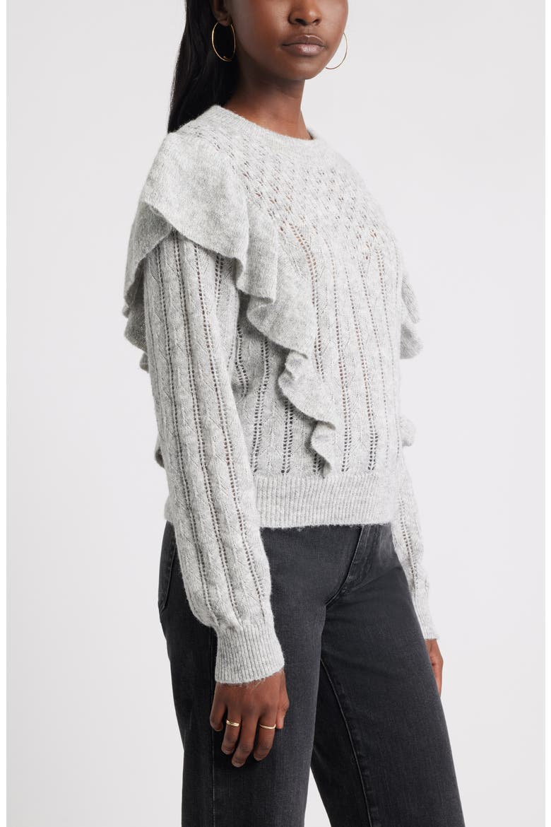 Ruffle Pointelle Sweater, Alternate, color, GREY HEATHER