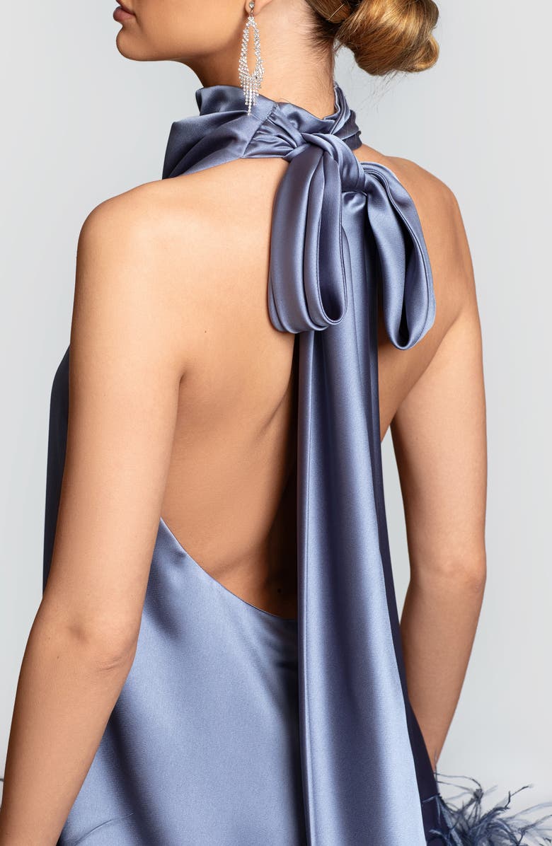 Ghrail Nolita Feather Trim Halter Satin Cocktail Minidress, Alternate, color,