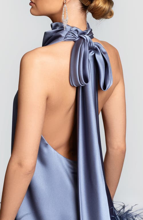 Ghrail Nolita Feather Trim Halter Satin Cocktail Minidress In Slate