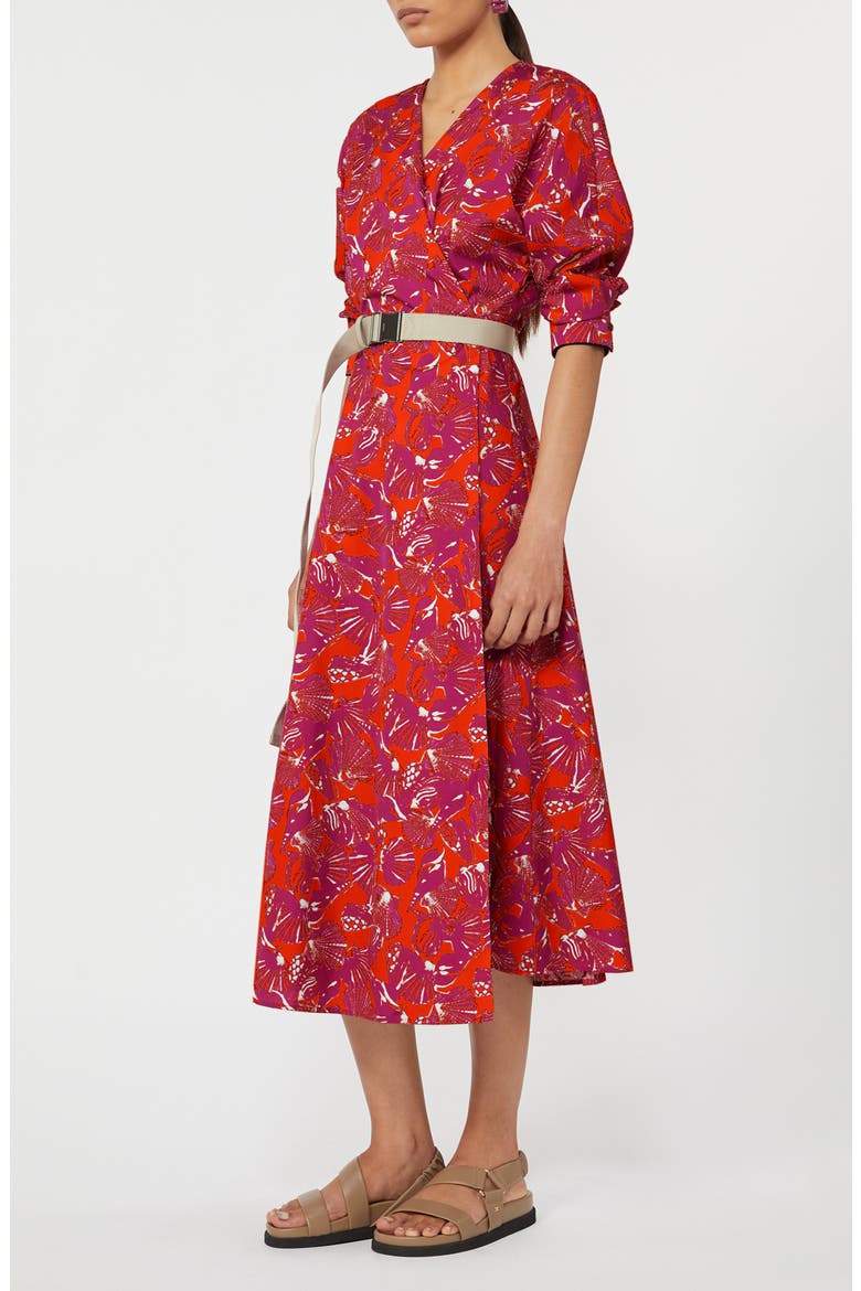 Camino Shell Print Cotton Poplin Wrap Dress, Main, color, CORAL