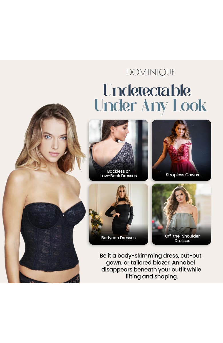 Dominique Intimates Annabel Strapless Lace Longline Bridal Bra with Detachable Garters, Alternate, color, Black