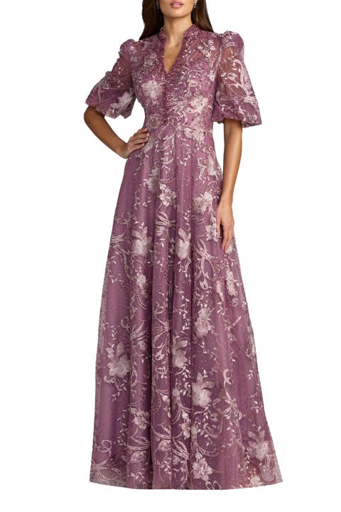 Petite Embroidered Queen Anne Puff Sleeve A Line Gown