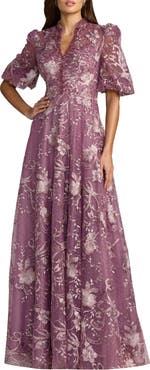 Mac Duggal Petite Embroidered Queen Anne Puff Sleeve A Line Gown