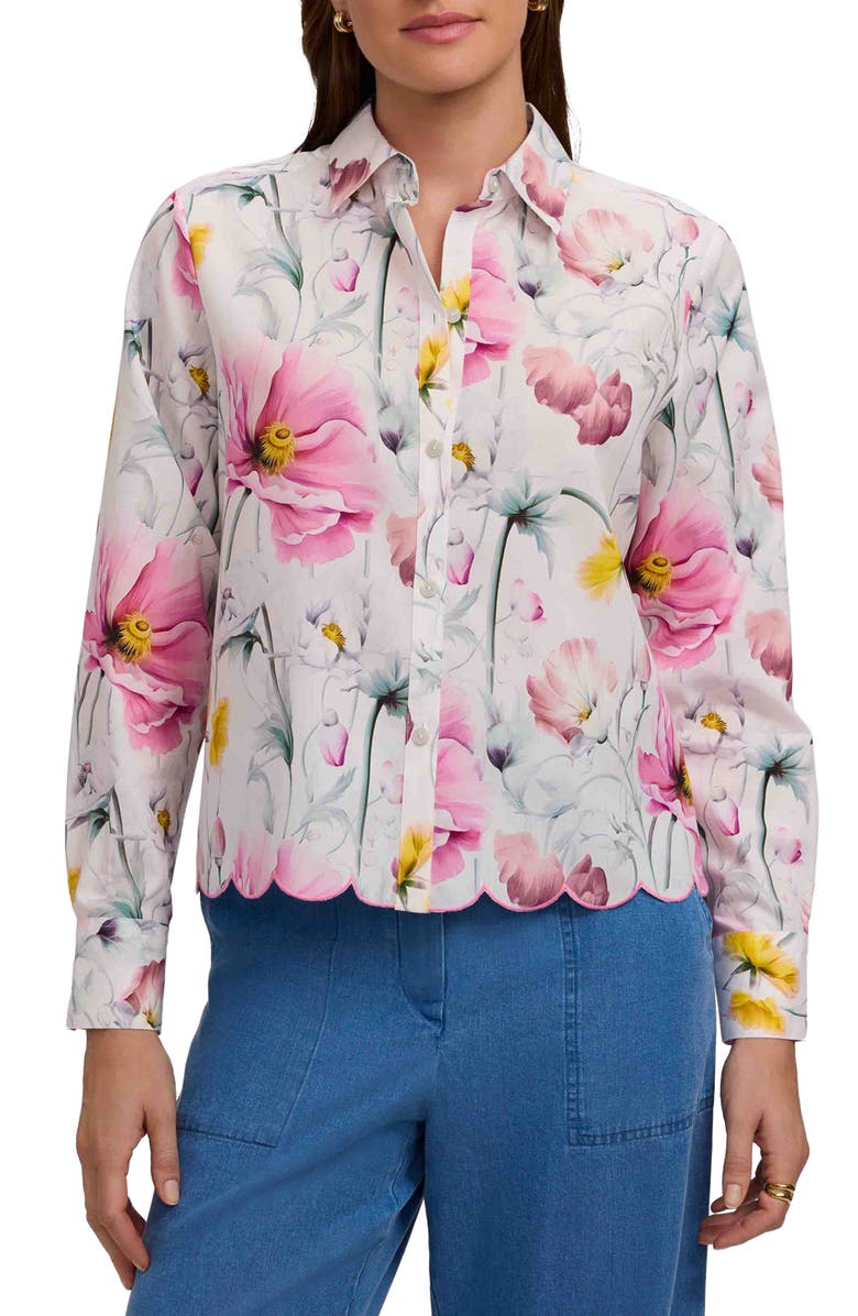Foxcroft Scarlett Floral Scallop Hem Cotton Button-Up Shirt, Main, color, Pink/ Multi