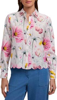 Foxcroft Scarlett Floral Scallop Hem Cotton Button-Up Shirt