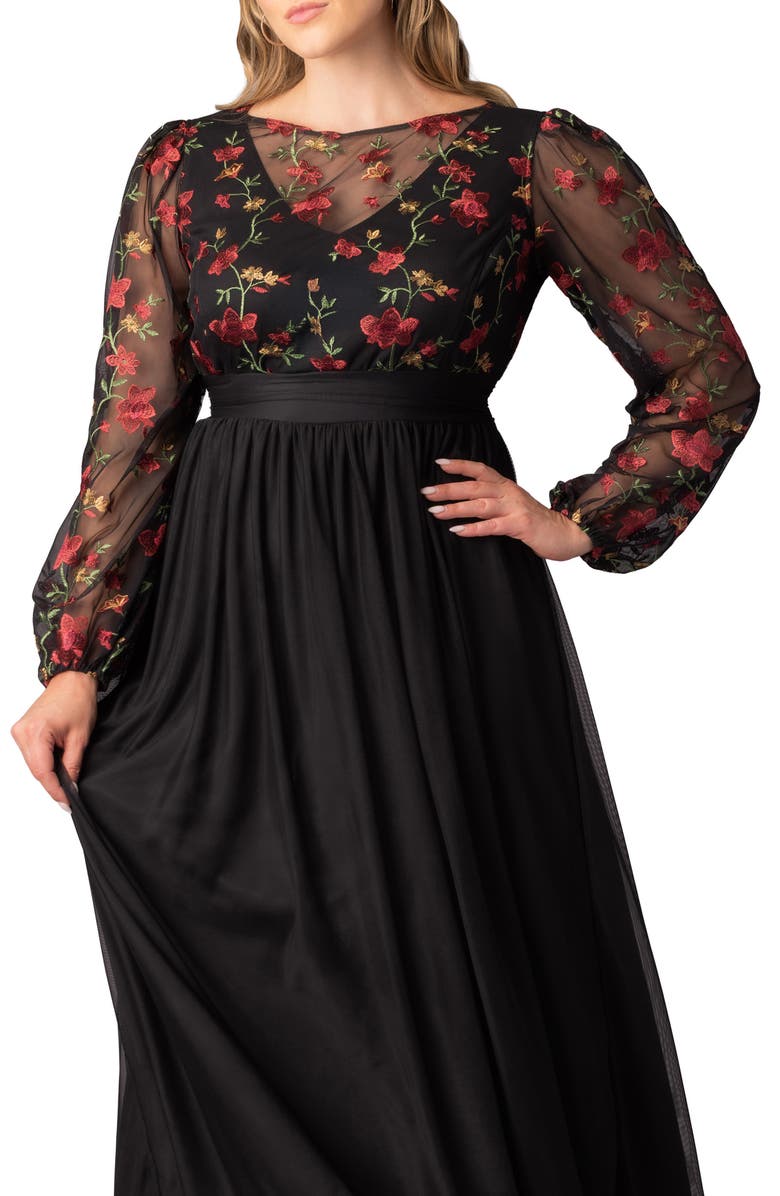 Kiyonna Floral Embroidered Long Sleeve Empire Waist Mesh Gown, Alternate, color, Floral Flare
