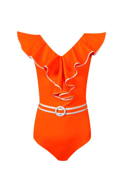 Kids' Vibrant Orange Ruffle One-Piece Swimsuit