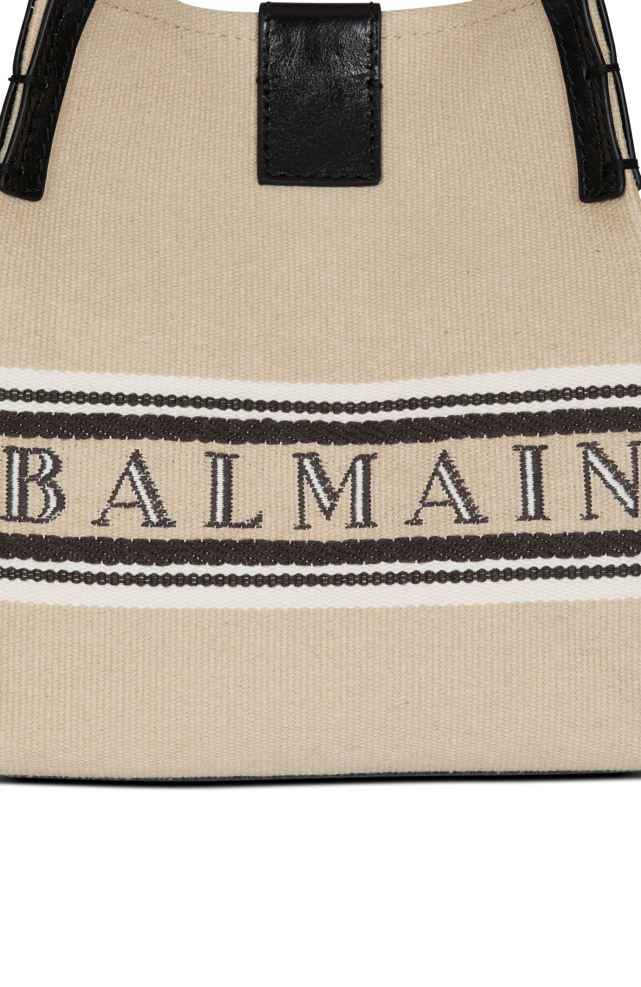 Balmain Release Bucket bag in canvas and calfskin, Alternate, color, Beige