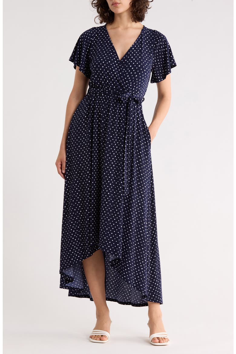 Flutter Sleeve High-Low Dress, Main, color, NAVY DOT
