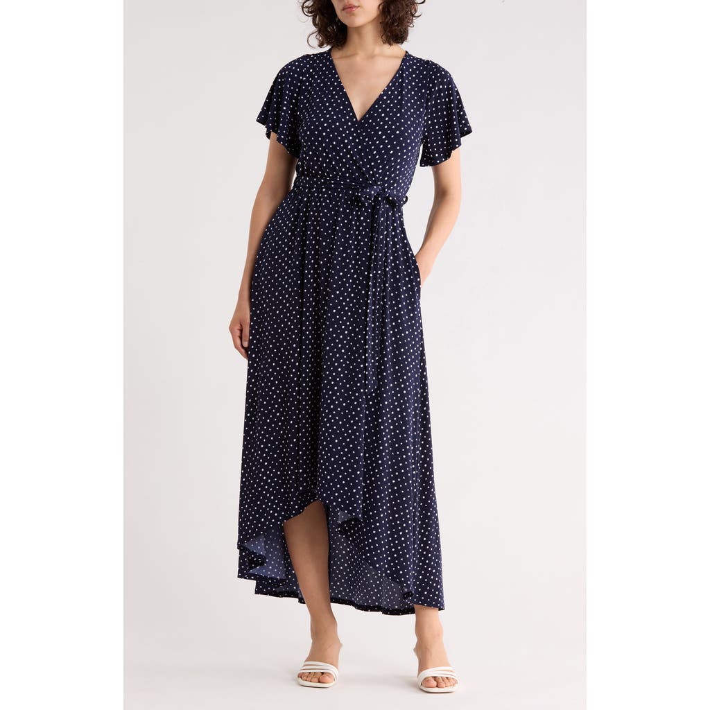 West K Flutter Sleeve High-low Dress In Navy Dot