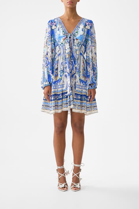 Short Tie Front Blouson Dress