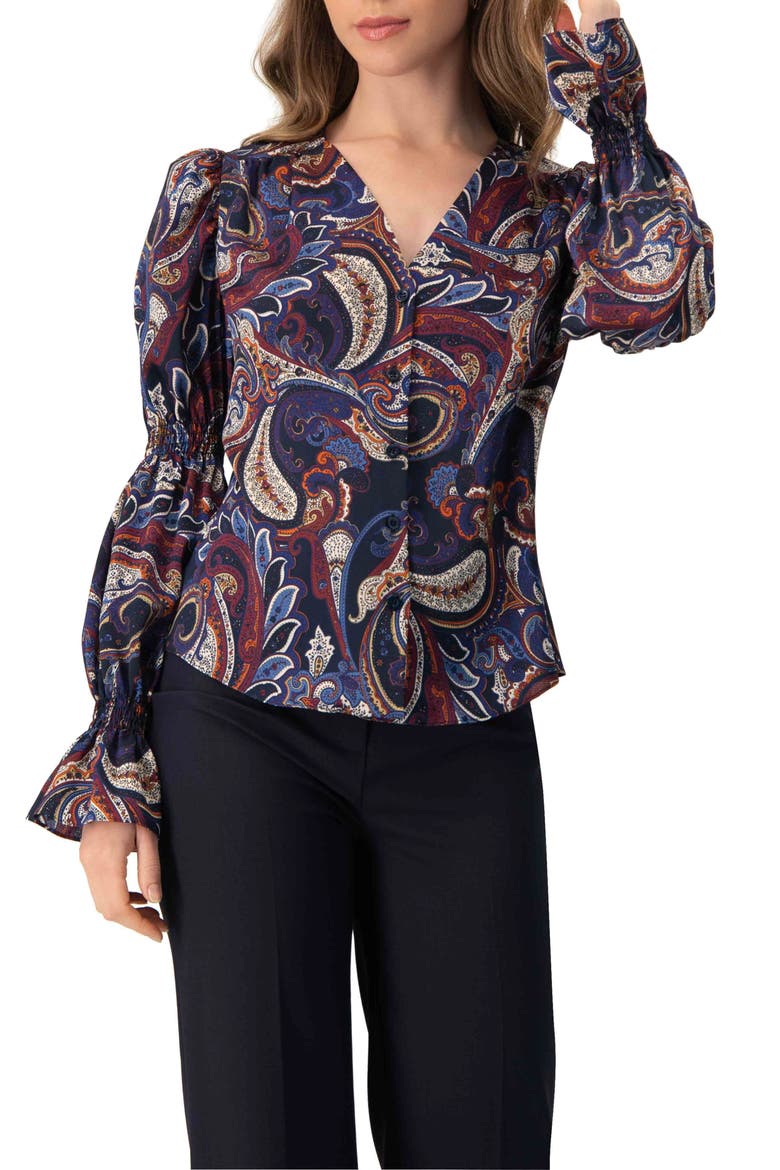V-Neck Printed Shirt With Smocked Sleeves, Main, color, Multi-Brown