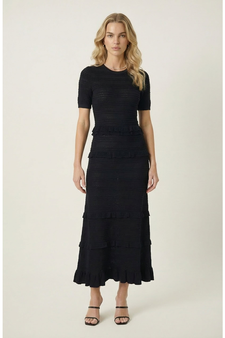 Textured Knit Midi Dress with Ruffle Trim, Main, color, Black