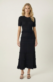 Modenaire Textured Knit Midi Dress with Ruffle Trim