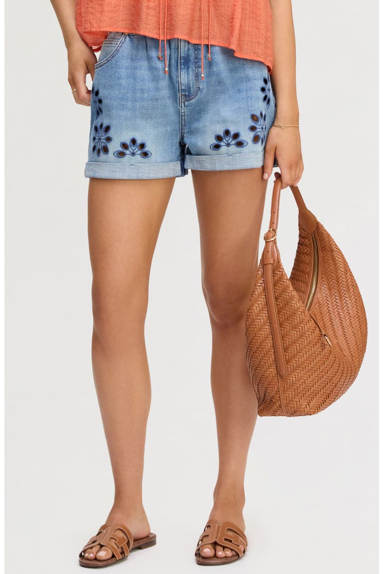 Embroidered Eyelet Paperbag Waist Denim Shorts, Main, color, POPPY INDIGO WASH