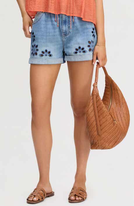 Embroidered Eyelet Paperbag Waist Denim Shorts
