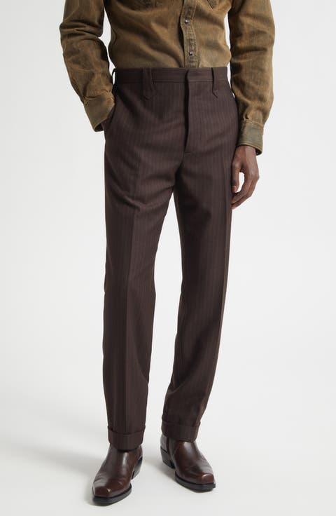 Slim Fit Pinstripe Wool Flannel Western Straight Leg Pants