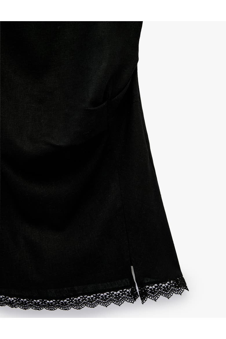 Linen Blend Sleeveless Funnel Neck Satin Mini Dress with Lace Detail, Alternate, color, BLACK