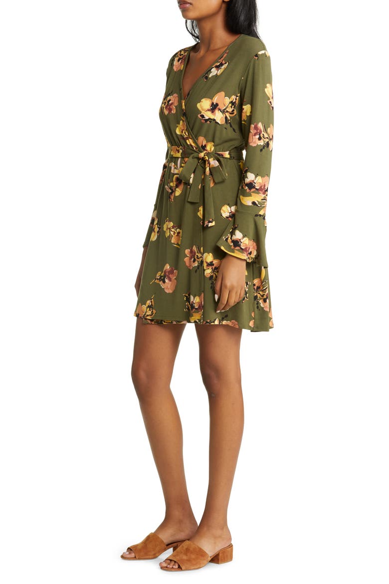 Floral Long Sleeve Faux Wrap Dress, Alternate, color, OLIVE