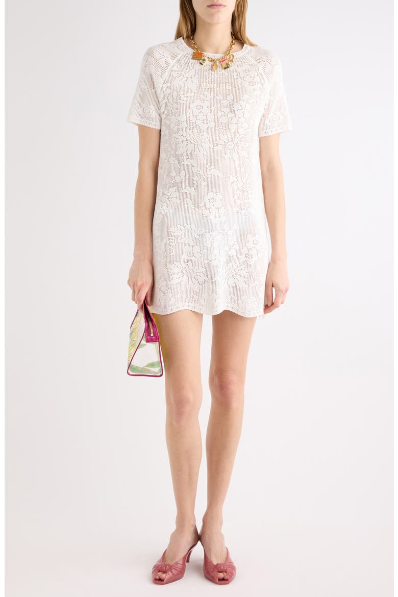 Short Sleeve Floral Pointelle Stitch Cotton Minidress, Main, color, WHITE